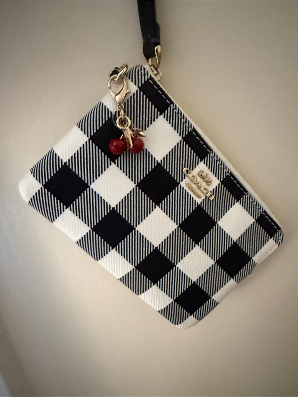 Coach Black and White Check Wristlet with Cherry Charm - Picture 2 of 4